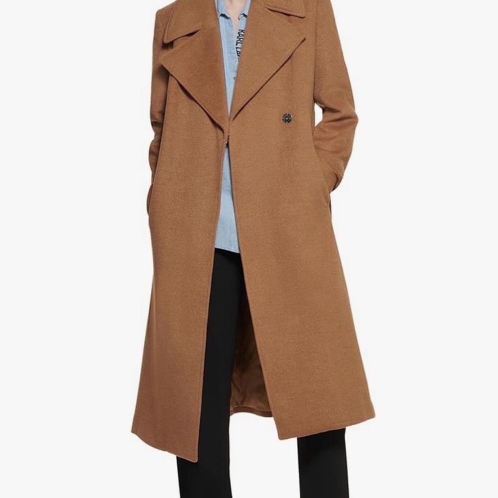 KARL LAGERFELD PARIS Camel Tan Midi Long Wool Blend Wrap Coat - Sz Medium, NWT - Picture 2 of 14